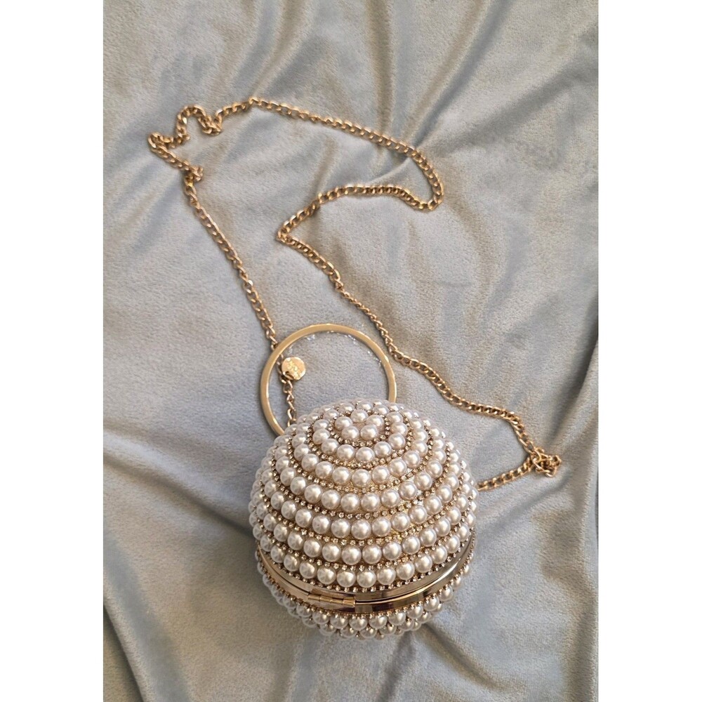 BADGLEY MISCHKA Pearl Rhinestone Round Clutch Bag Gold Chain Evening Purse